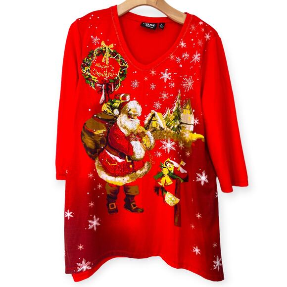 Onque Casuals Tops - Onque Casual |Women's L | Top Santa Shirt Christmas Embellished Rhinestone Snow